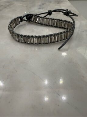 Victoria Emerson Smoky Crystal and Black Leather Wrap Bracelet